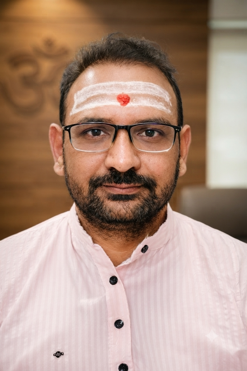 Portrait of Aacharya Vishnu Sharma wearing tilak and traditional attire