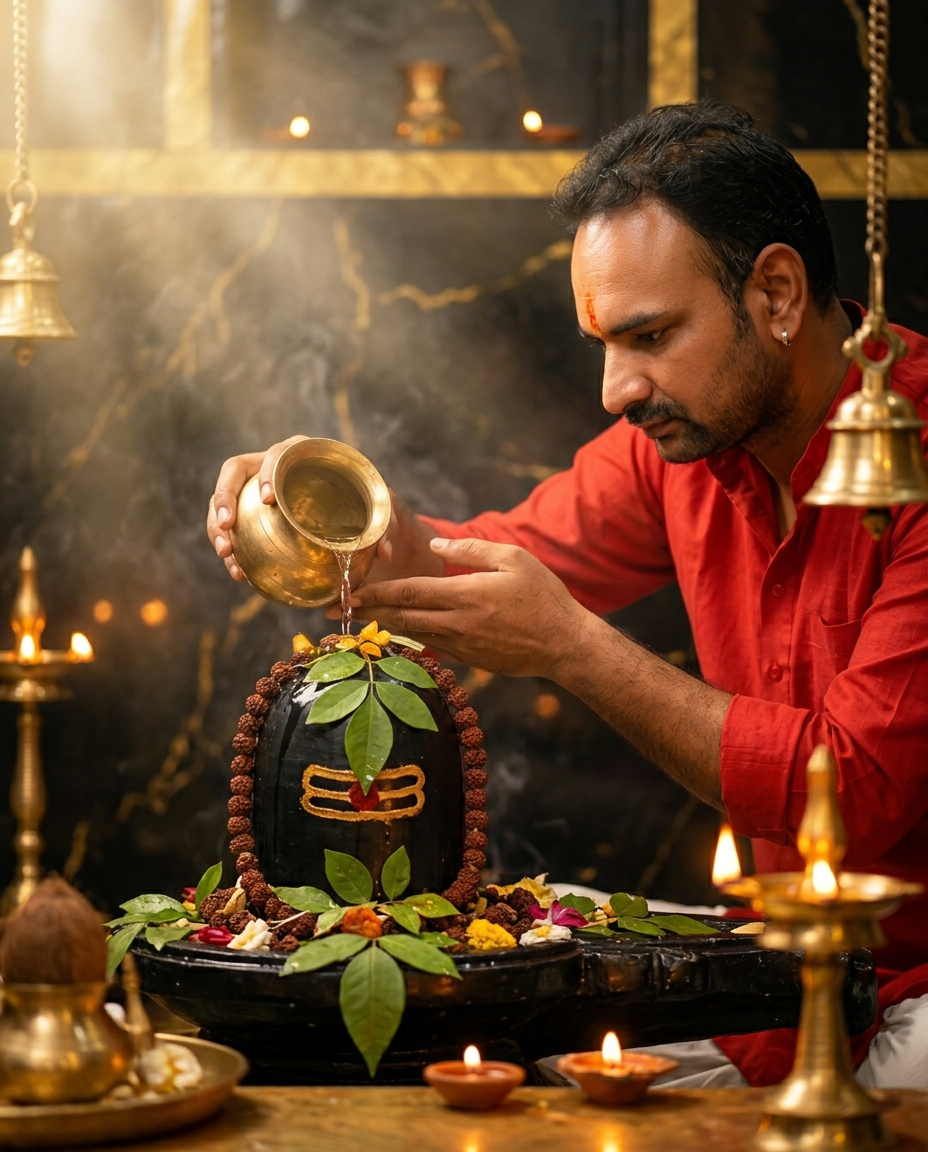 शिवलिंग पर रुद्राभिषेक करते आचार्य विष्णु कुमार शर्मा