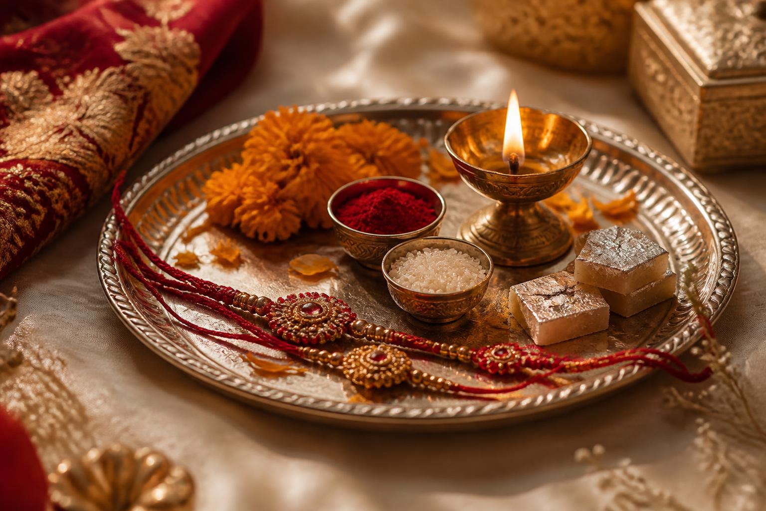 Raksha Bandhan puja thali with rakhi, kumkum, akshat and a lit diya