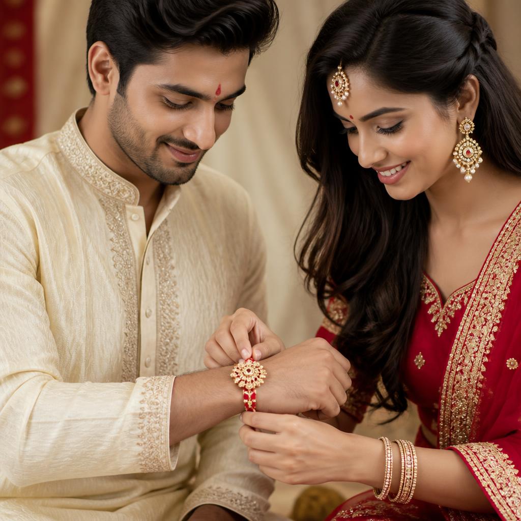 Sister tying a rakhi on her brother's right wrist